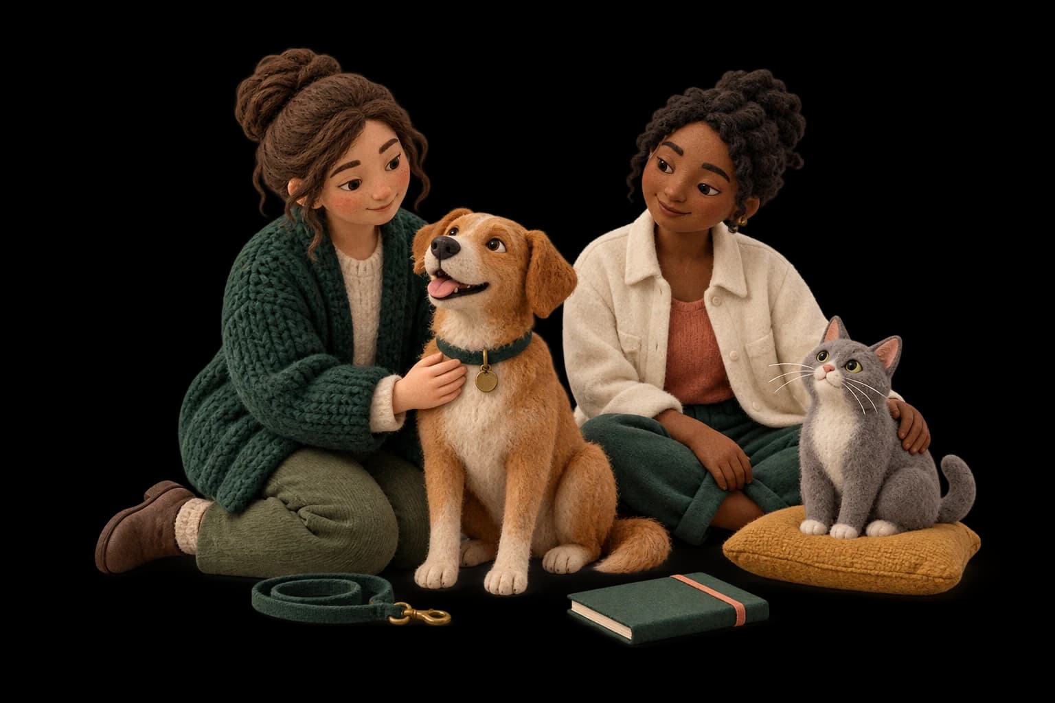 Crafted illustration of two caregivers, a dog and a cat together