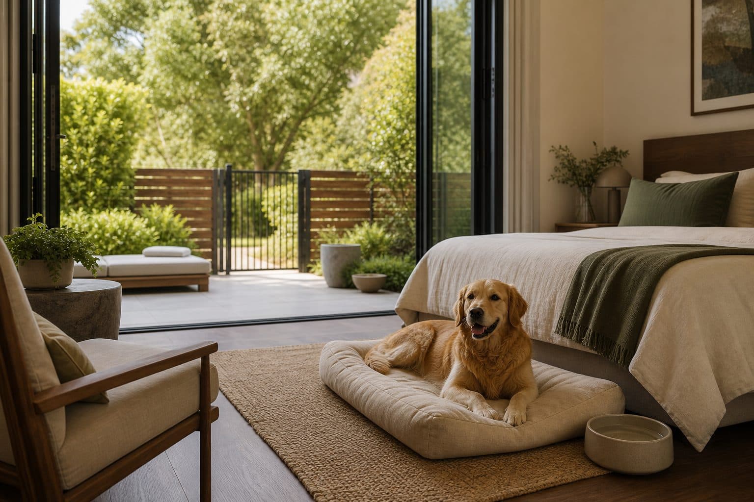 A dog relaxing in a calm, verified pet-friendly home