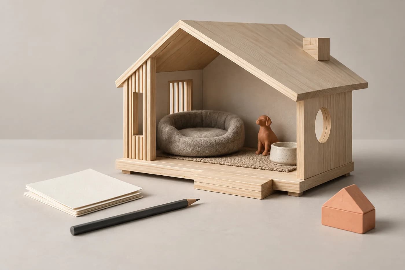An illustrative wooden model of a pet-friendly home beside sketch cards and a pencil
