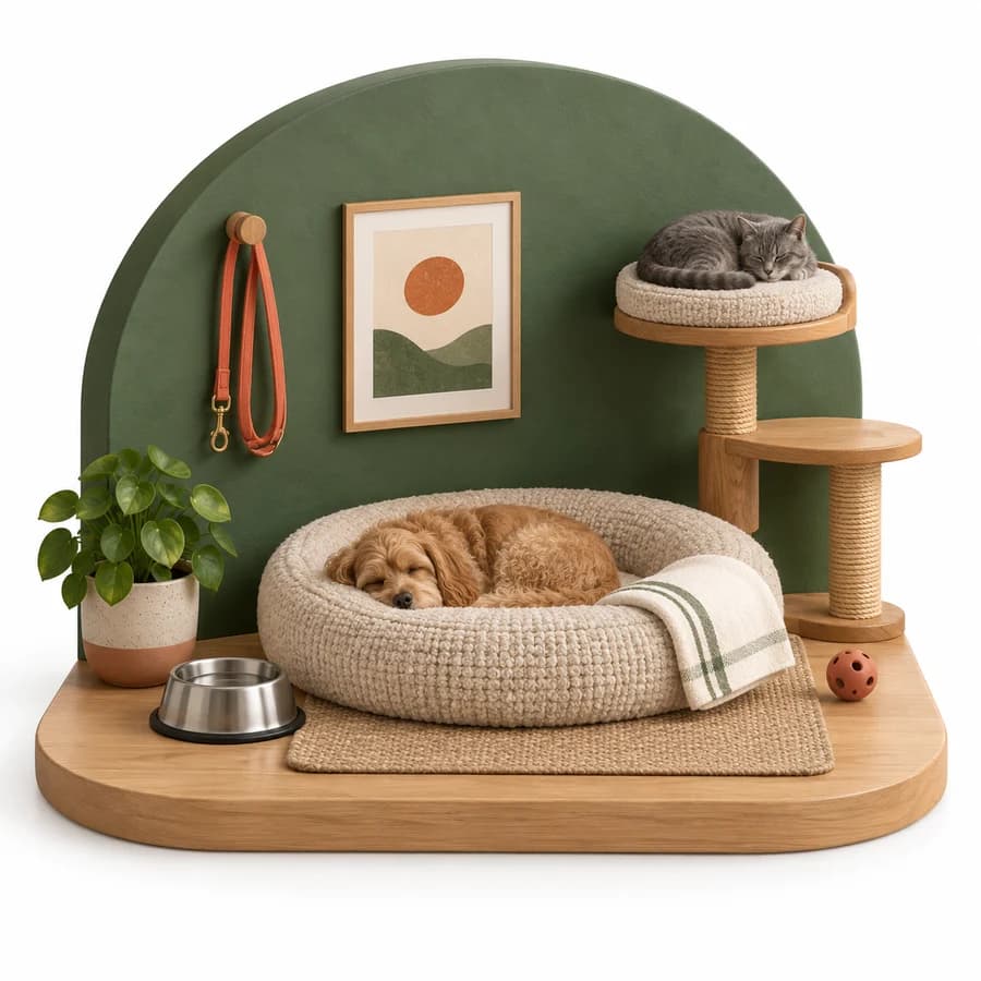 Illustration of a cosy pet care room with a resting dog and cat