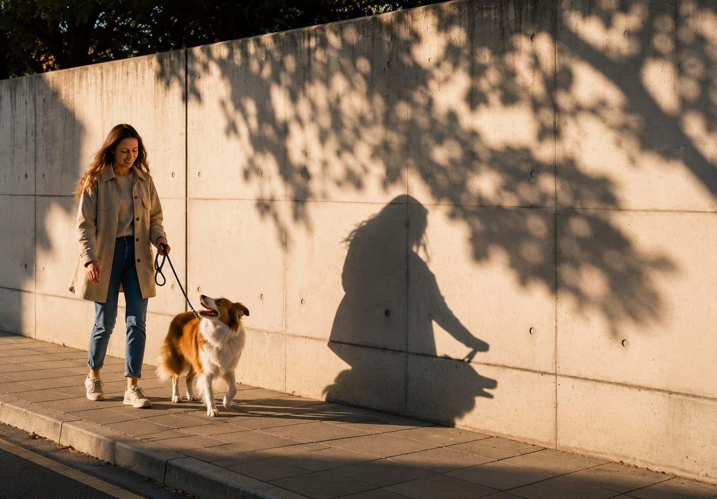 A host walking a dog in warm evening light along a quiet wall