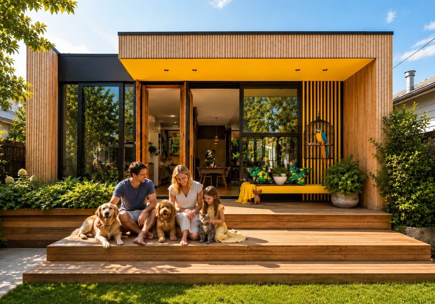 A private, fully fenced garden space with dogs at a calm modern home
